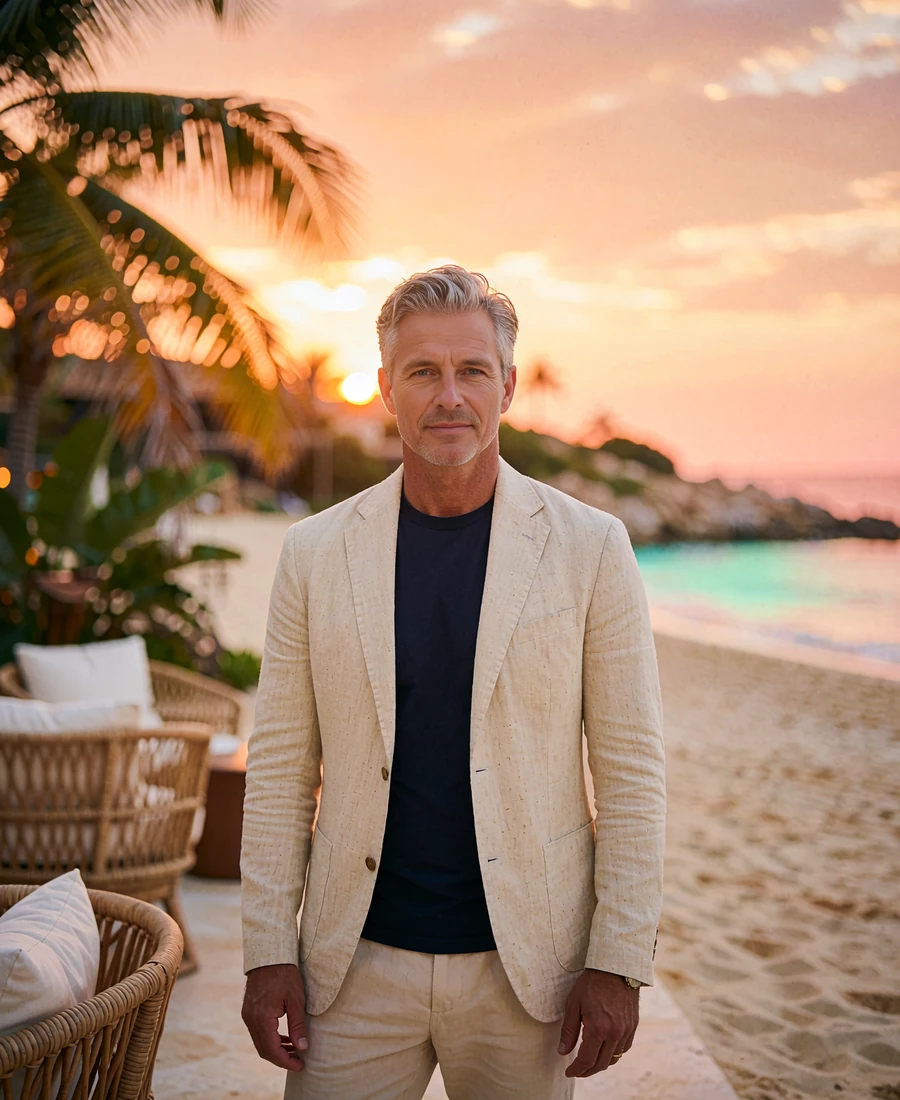 Silver-haired man in his early fifties in a sand blazer on a beach-club terrace at sunset, demo San Diego member profile photo
