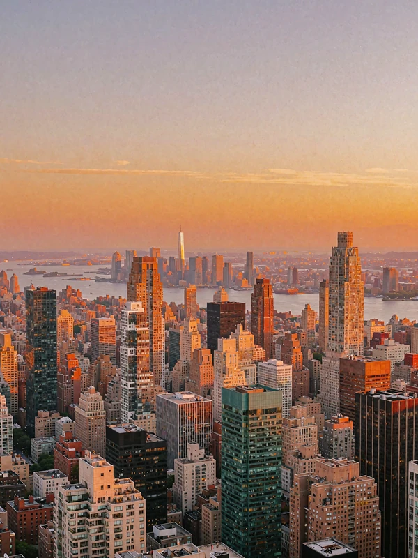 Manhattan skyline glowing warm amber at dusk beneath a smooth violet twilight sky