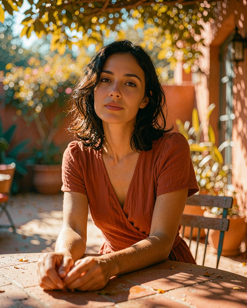 Brunette woman in a rust-colored wrap top seated on a shaded patio in a creative Dallas neighborhood, demo member profile photo
