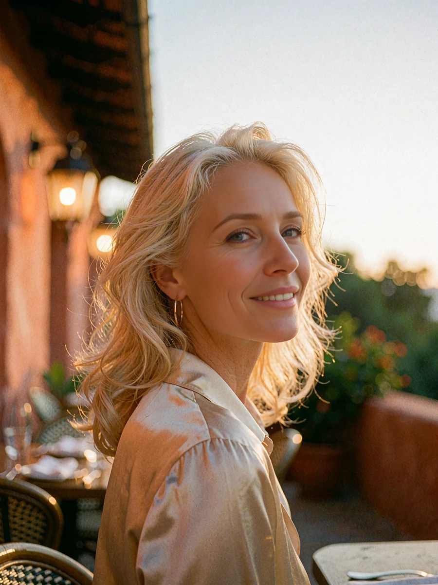 Woman with sun-lightened blonde waves in a champagne satin blouse glancing over her shoulder on a restaurant terrace, demo member profile photo