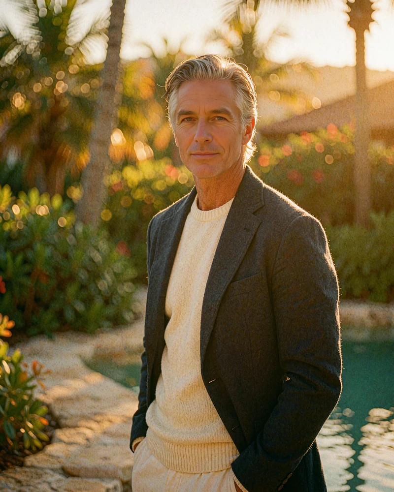 Elegant silver-haired man in a navy blazer on a tree-lined River Oaks street, demo member profile photo