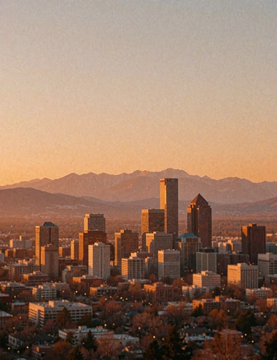 Denver skyline at sunset with the Rocky Mountain range layered behind the warm-lit towers