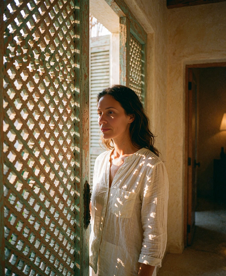 Woman in an ivory blouse standing behind a carved wooden lattice screen in a warm hotel corridor, dappled light across her shoulder