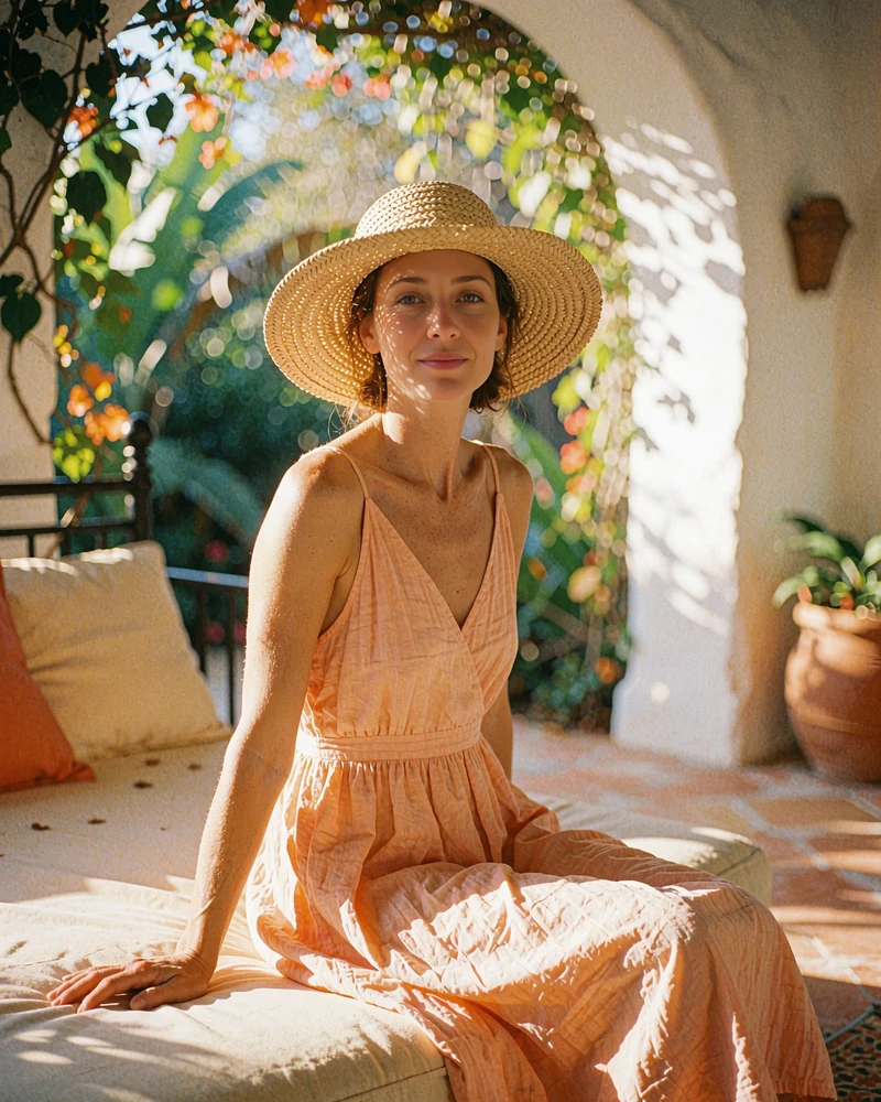 Woman in a straw sun hat and apricot sundress seated on a villa daybed, demo member profile photo