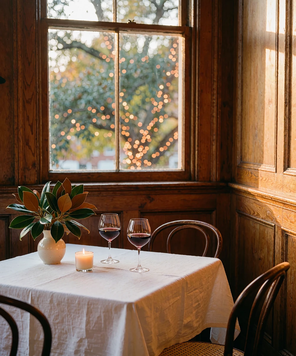Candlelit table for two set with white linen, red wine and magnolia leaves in a warm wood-panelled Atlanta dining room