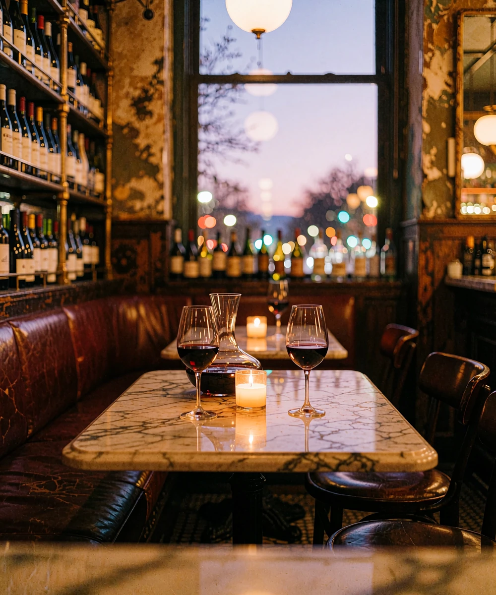 Intimate Denver wine bar table for two with red wine, candlelight and a city view through a tall window at dusk
