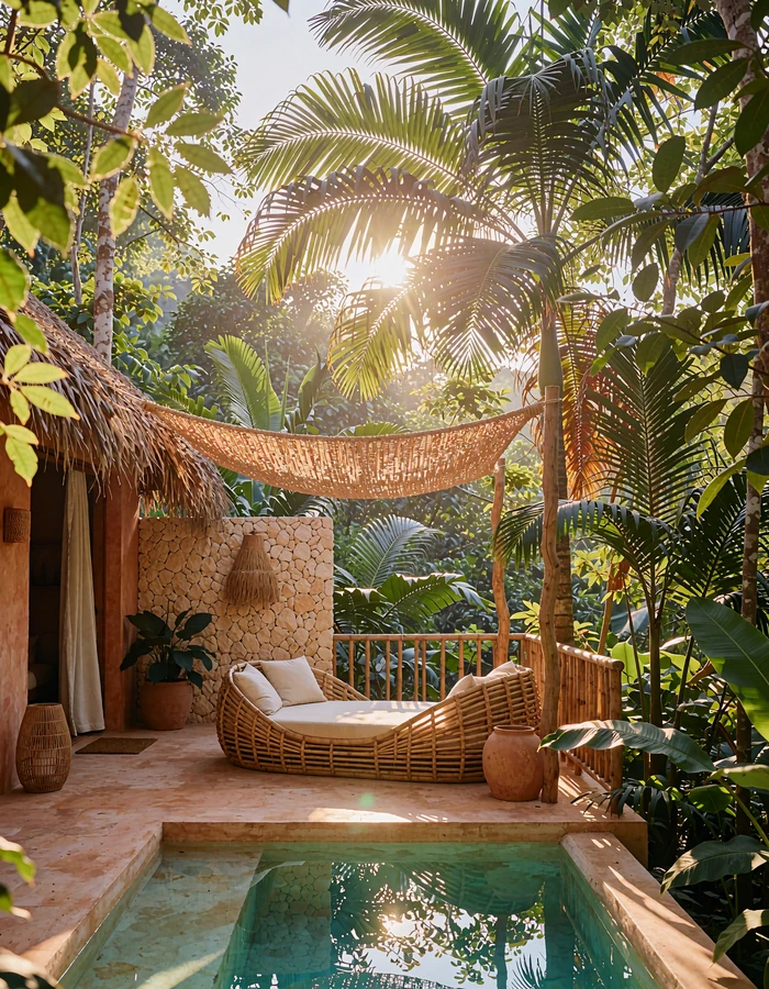 Private jungle wellness villa deck with a small plunge pool and rattan daybeds under a thatched canopy