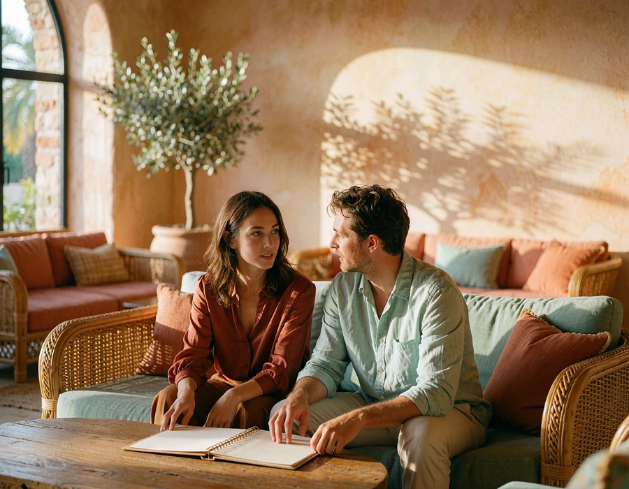 Couple talking easily over an open travel folio on a rattan sofa in a sunlit hotel lounge
