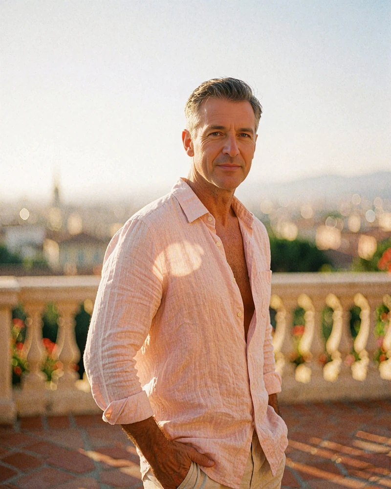 Distinguished man in a pale linen shirt on a sunlit hotel terrace, demo sugar daddy profile photo