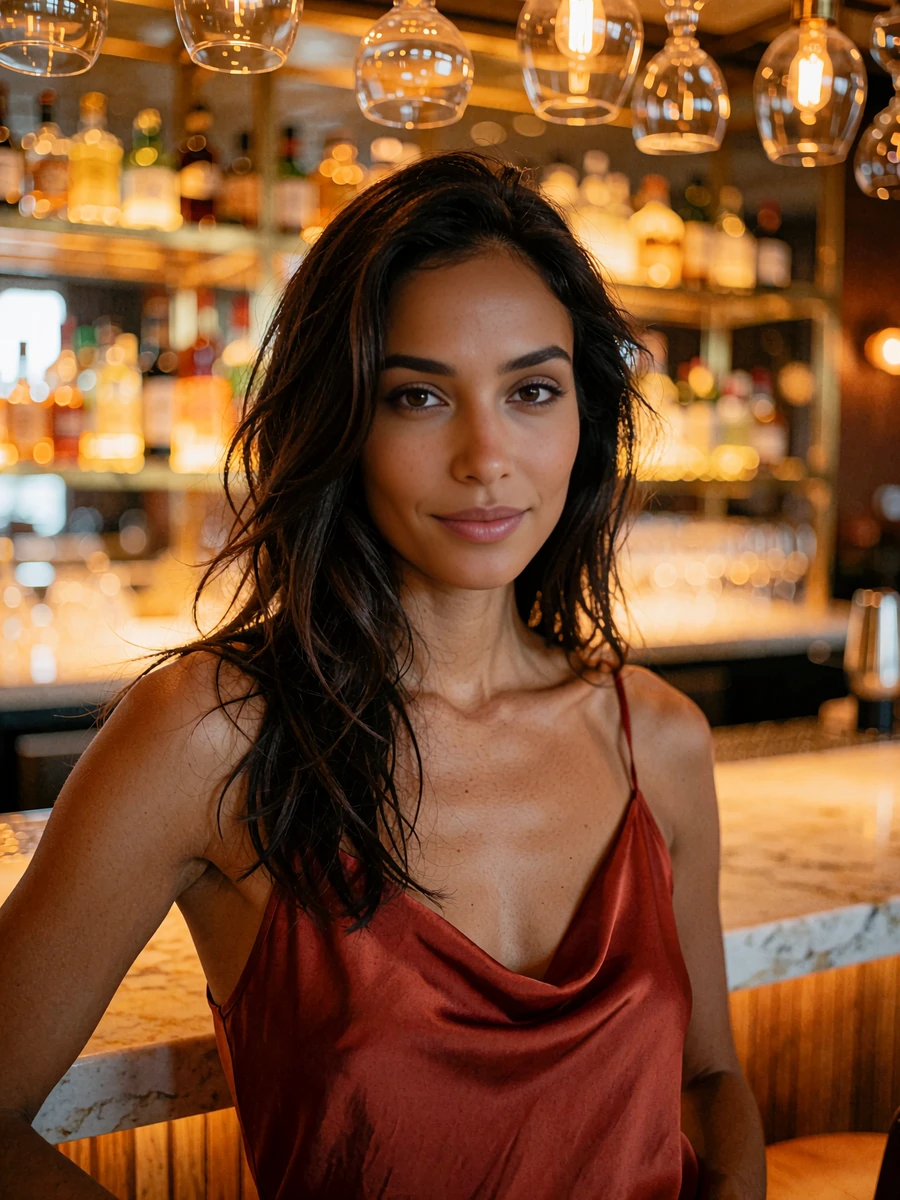 Woman with long glossy dark-brown hair in a deep red silk camisole at an upscale hotel bar, demo Houston member profile photo