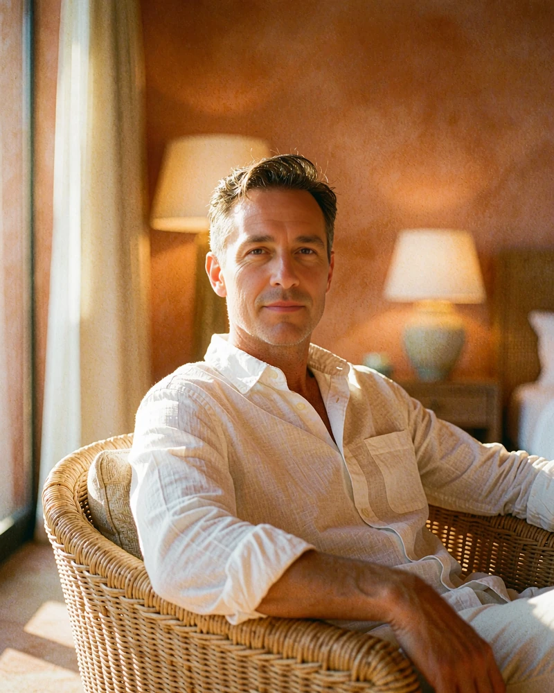 Man in a white shirt seated in a rattan armchair in an upscale hotel lounge, demo sugar daddy profile photo