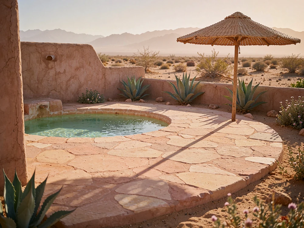 Small round mineral soaking pool on a warm sandstone terrace framed by clay-plaster walls and agave plants