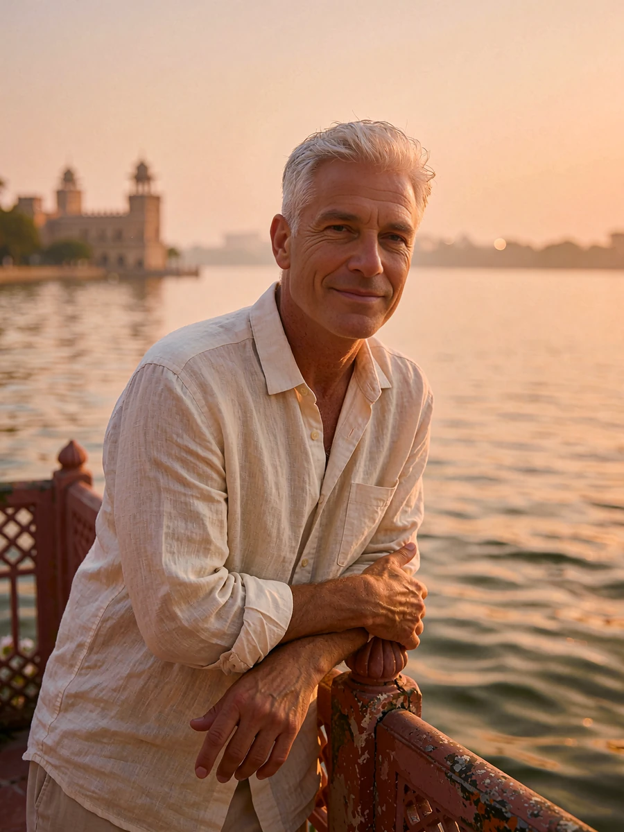 Tanned man in a light linen shirt leaning on a lakeside terrace railing at golden hour, demo member profile photo