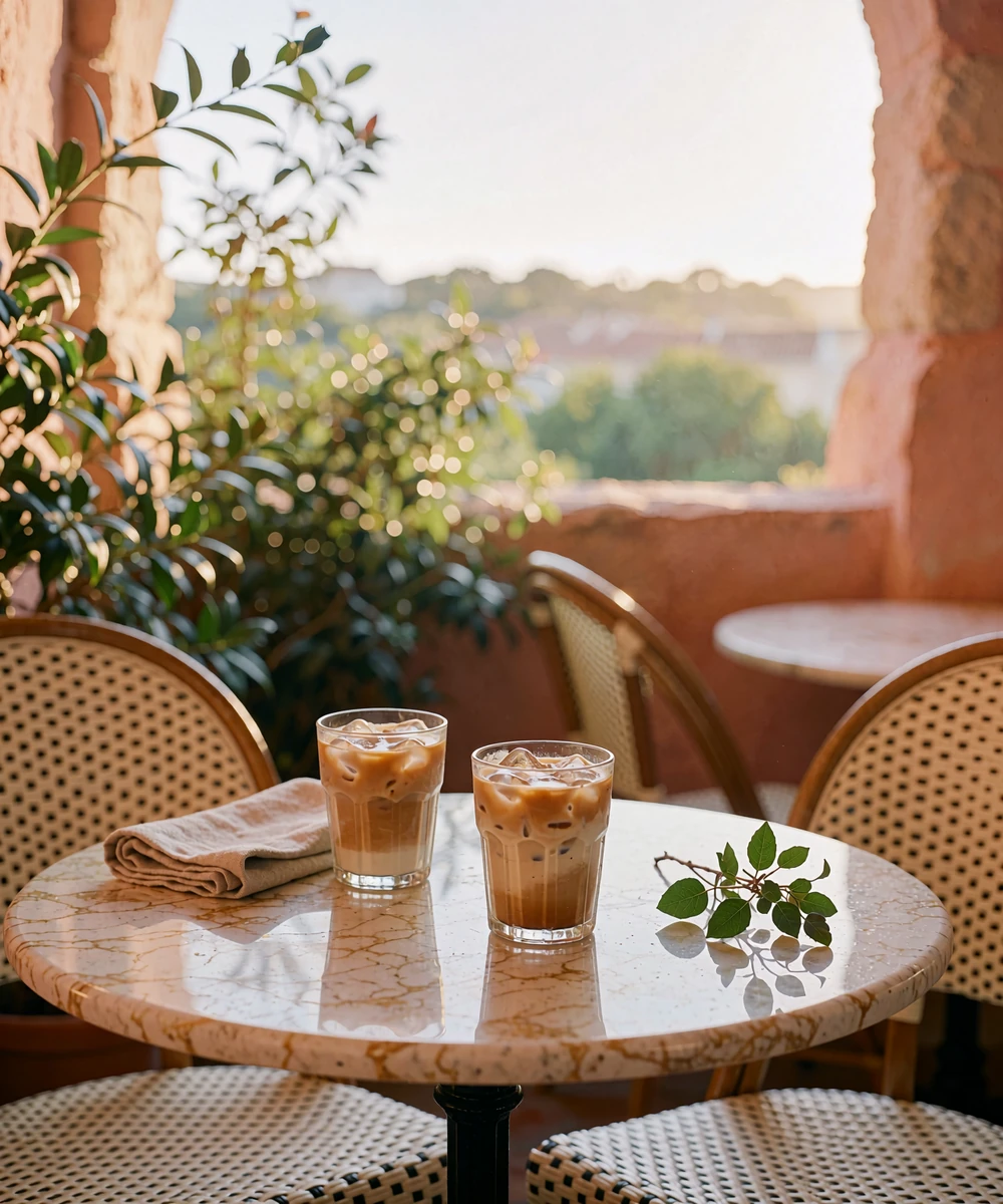 Small marble café table with two iced coffees on a sunlit San Antonio terrace