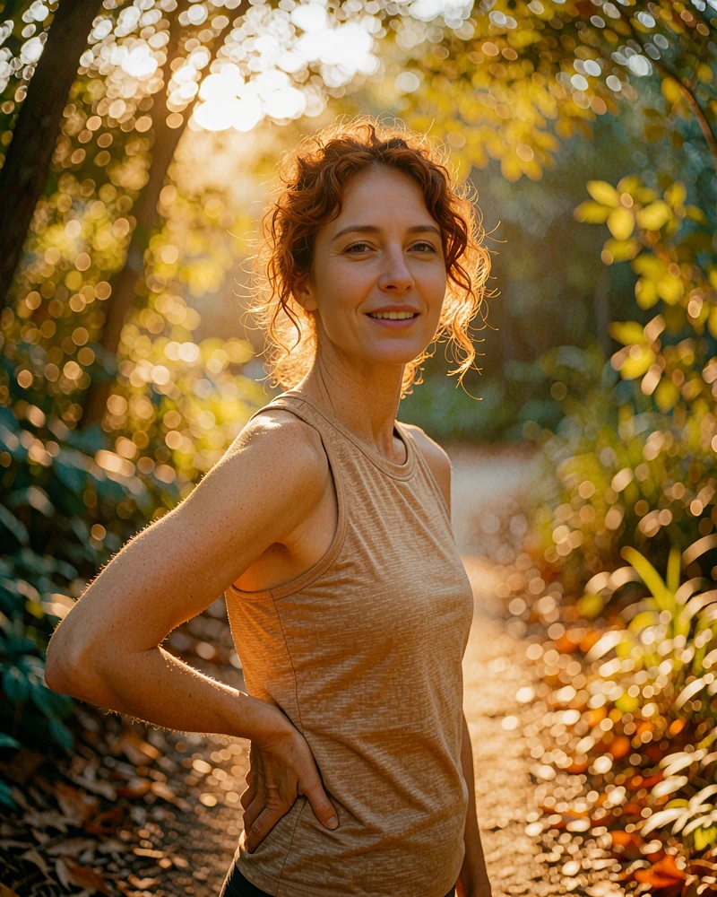Auburn-haired woman in sand-toned athleisure on a leafy urban trail at golden hour, demo member profile photo