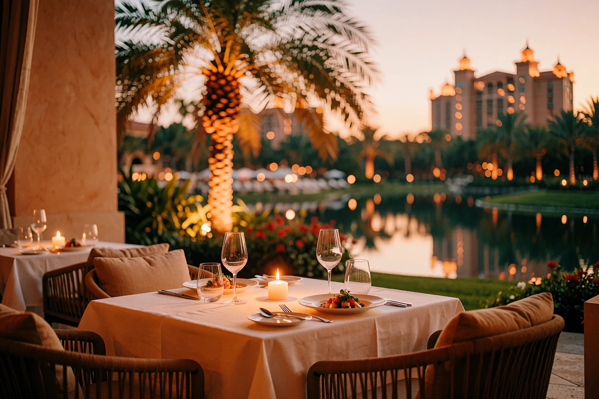 Candlelit table for two set on an open-air resort terrace with a dark lake and glowing towers behind it