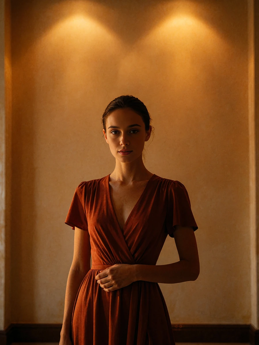 Woman with sleek dark hair in a terracotta evening dress in a warmly lit hotel lobby, demo member profile photo