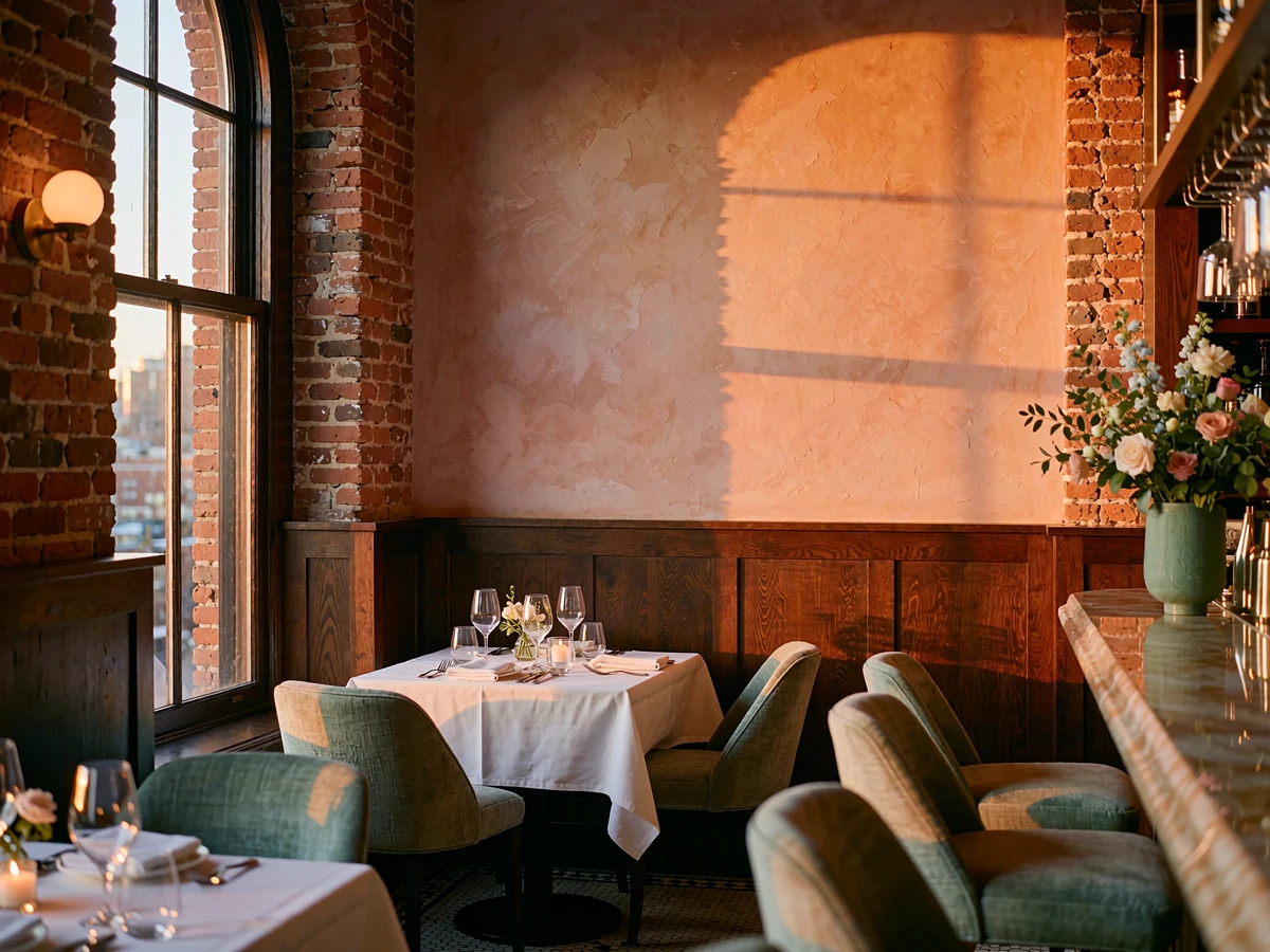 Candlelit corner table for two in an upscale Boston restaurant with exposed brick and tall arched windows at dusk