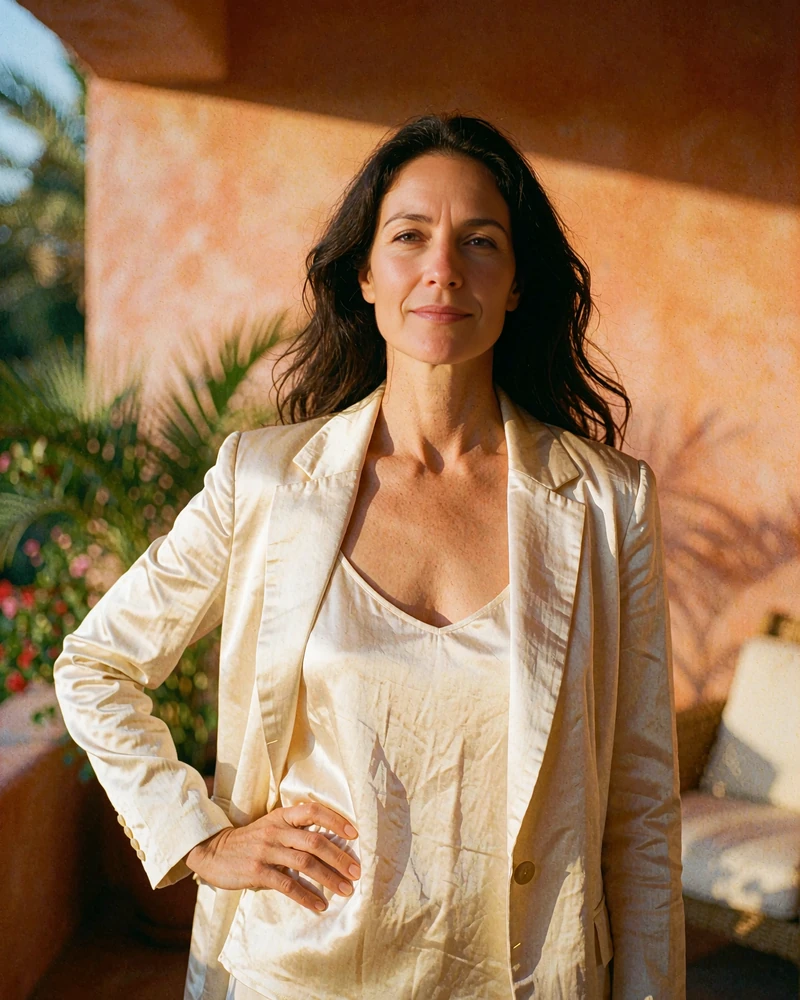 Woman in her late thirties in a cream silk blazer on a sunlit terrace, demo cougar dating profile photo