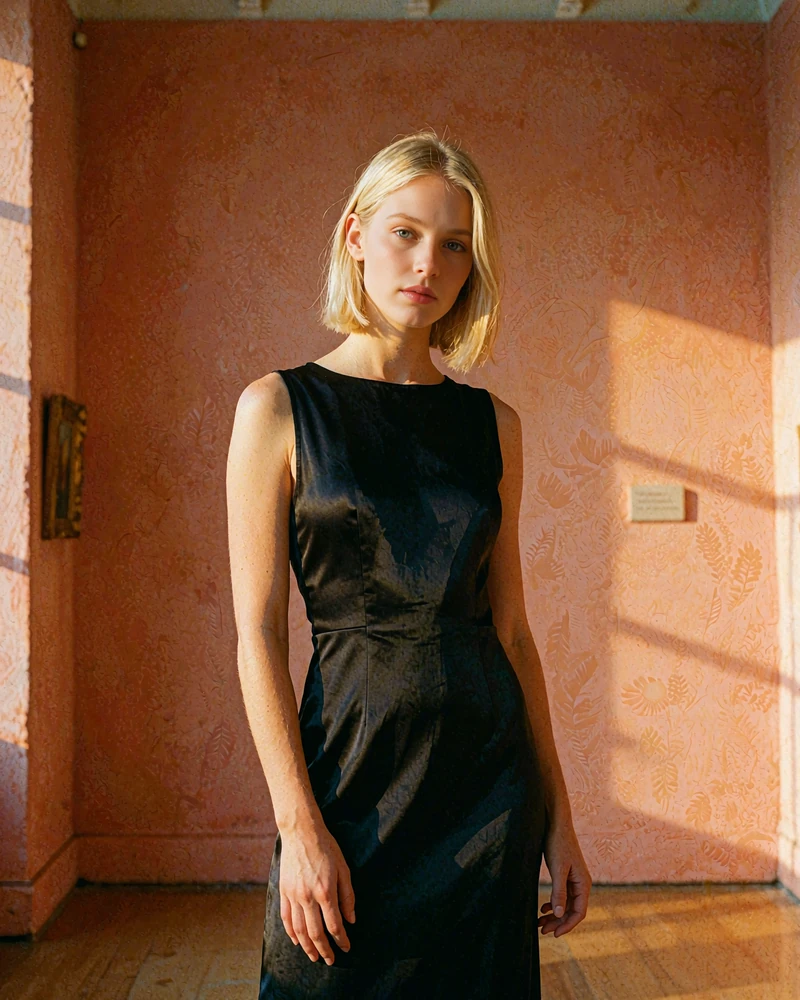 Woman with a sleek blonde bob in a black satin midi dress standing in a warmly lit gallery interior, demo member profile photo