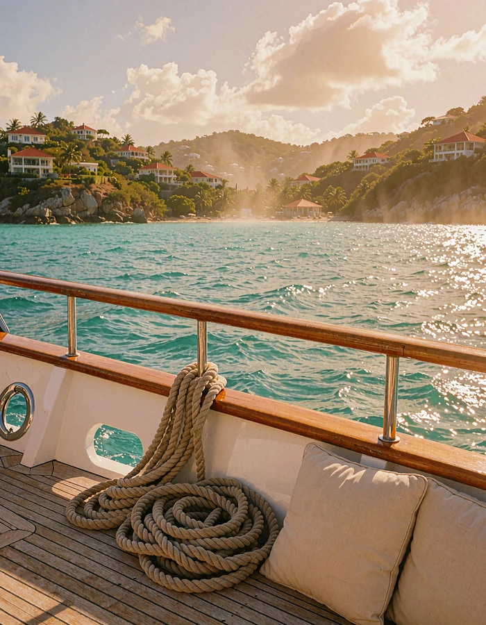 View from a yacht deck over a turquoise Caribbean bay with hillside villas in the distance