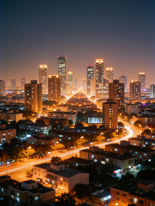 Houston skyline illuminated at night with warm light over the downtown streets
