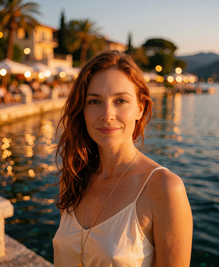 Auburn-haired woman in a cream camisole on a lakefront promenade at dusk, demo member profile photo