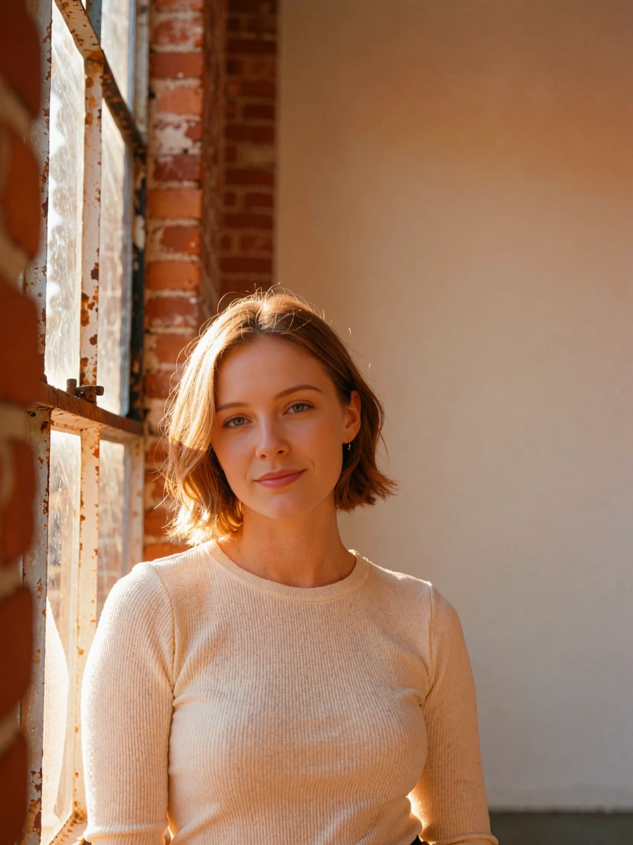 Woman with a dark-blonde bob in a cream ribbed top beside an industrial window, demo member profile photo
