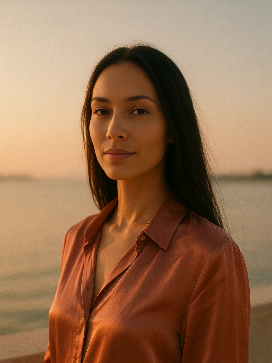 Woman with very long dark hair in a terracotta silk blouse on a waterfront terrace at sunset, demo Seattle member profile photo