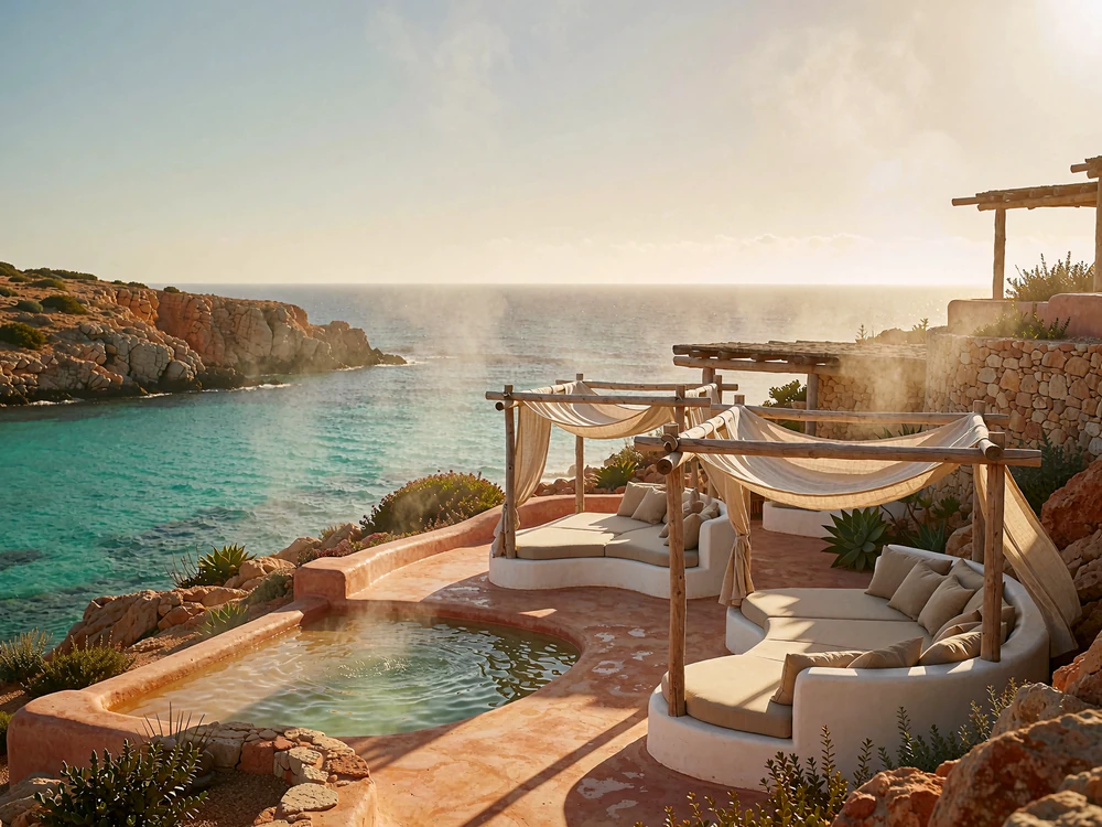 Coastal wellness terrace with white-plaster loungers and a shallow thermal seawater basin above a turquoise bay