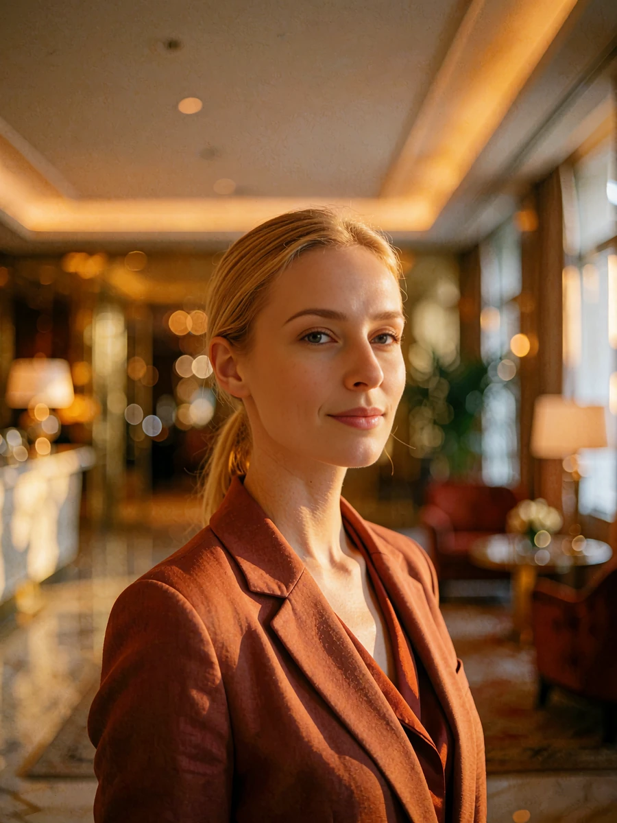 Golden-blonde woman in a tailored rust blazer in a hotel lobby setting, demo Columbus member profile photo