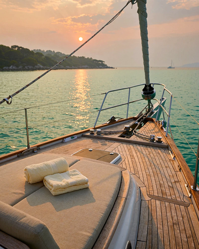 Teak foredeck of a moored sailing yacht with folded cream towels above a glassy bay at sunset