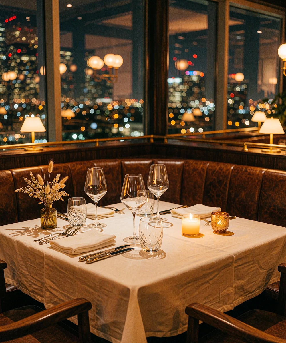 Candlelit table for two set with white linen and crystal glassware in a refined Houston steakhouse at night