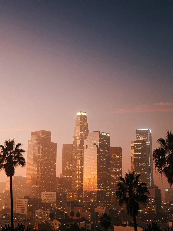 Los Angeles downtown skyline glowing amber at dusk with palm silhouettes
