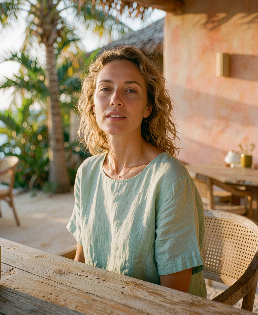Woman in a pale teal linen top smiling confidently at an outdoor table, an illustrative verified member portrait