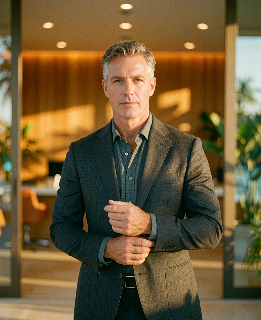 Distinguished greying man in a charcoal suit in a warm office lobby, demo Atlanta member profile photo
