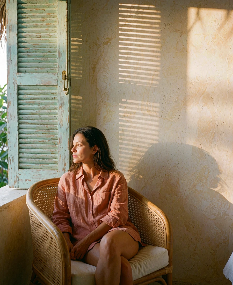 Woman relaxing alone in a curved rattan chair by a shuttered window in a quiet hotel lounge