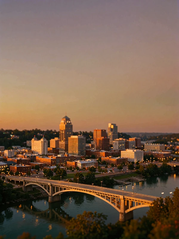 Nashville riverfront skyline glowing amber at dusk with a lit bridge over dark water