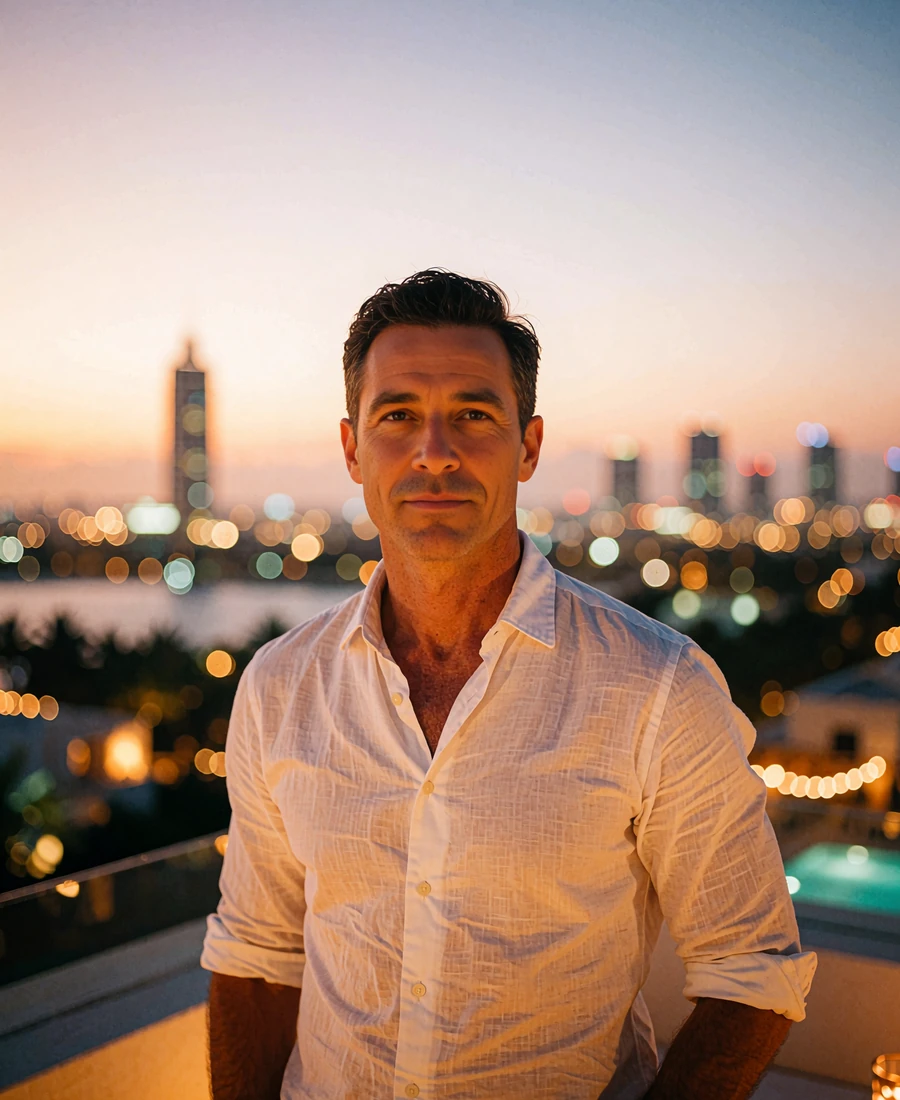 Distinguished man in his late thirties in a crisp white shirt standing on a Dallas rooftop terrace at dusk, demo member profile photo