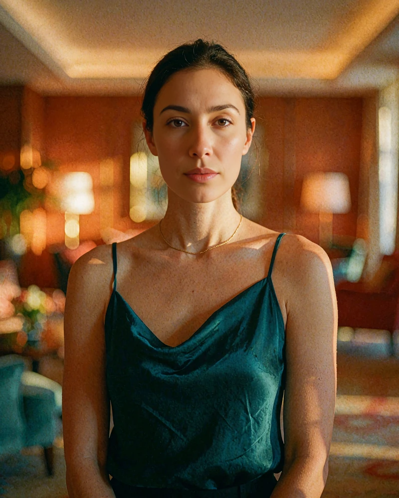 Woman with sleek dark hair in a teal satin camisole standing in a hotel lobby lounge, demo New York member profile photo