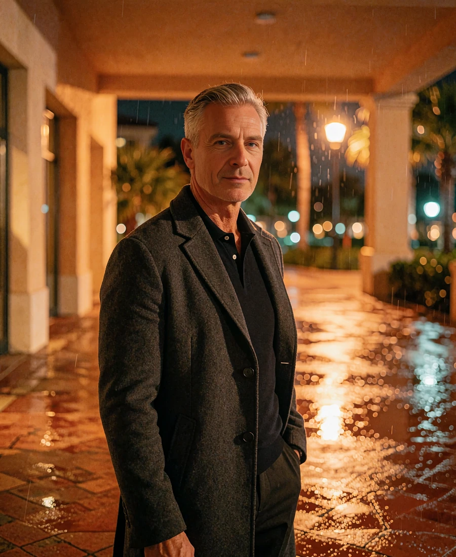 Well-dressed man in his mid-fifties in a charcoal overcoat standing under a covered walkway at night, demo Seattle member profile photo