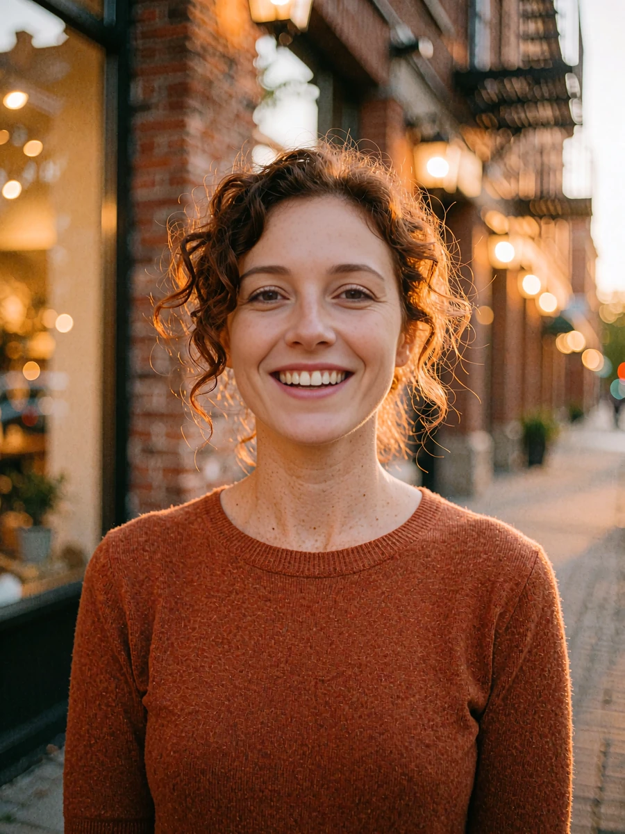 Woman with loose auburn curls in a burnt-orange knit top on a warm evening street, demo member profile photo