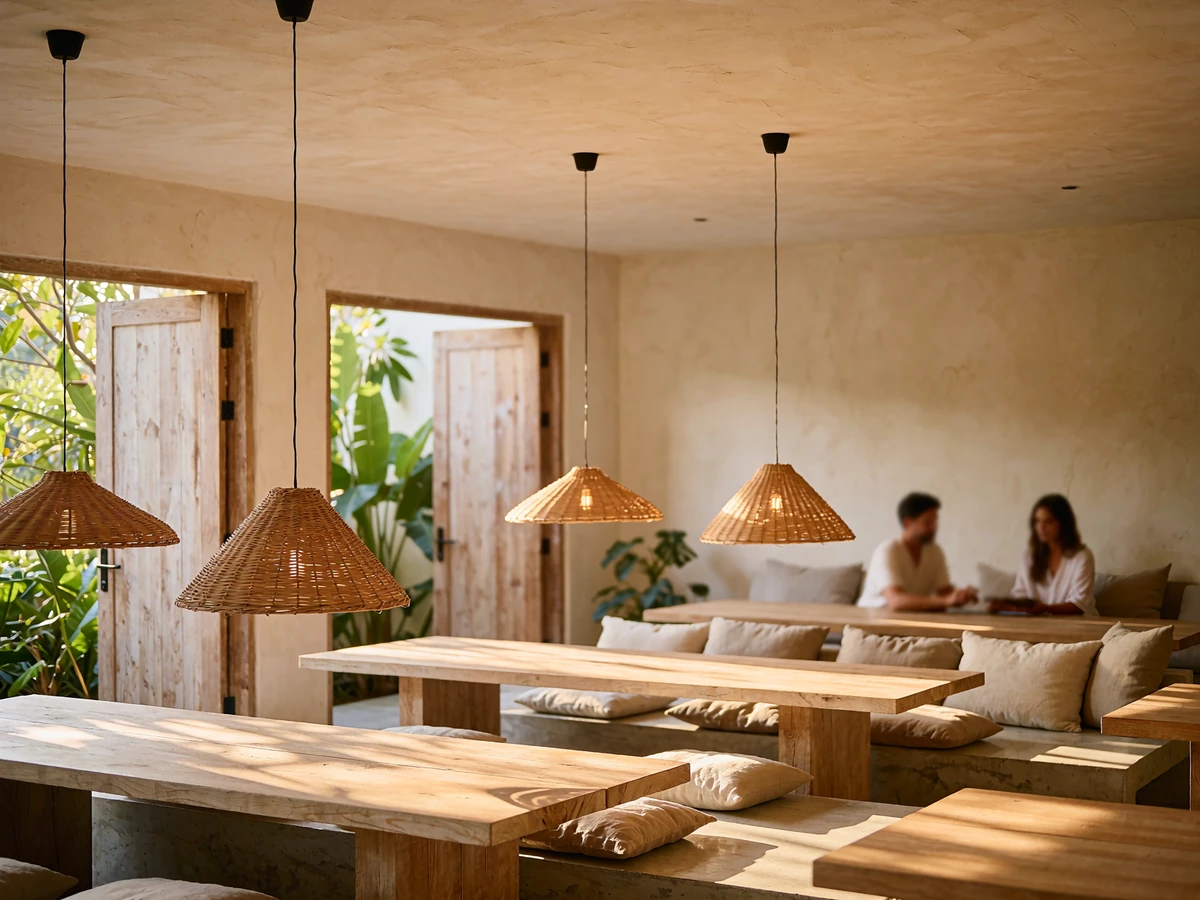 Airy tropical co-working lounge with pale wooden tables and rattan pendant shades