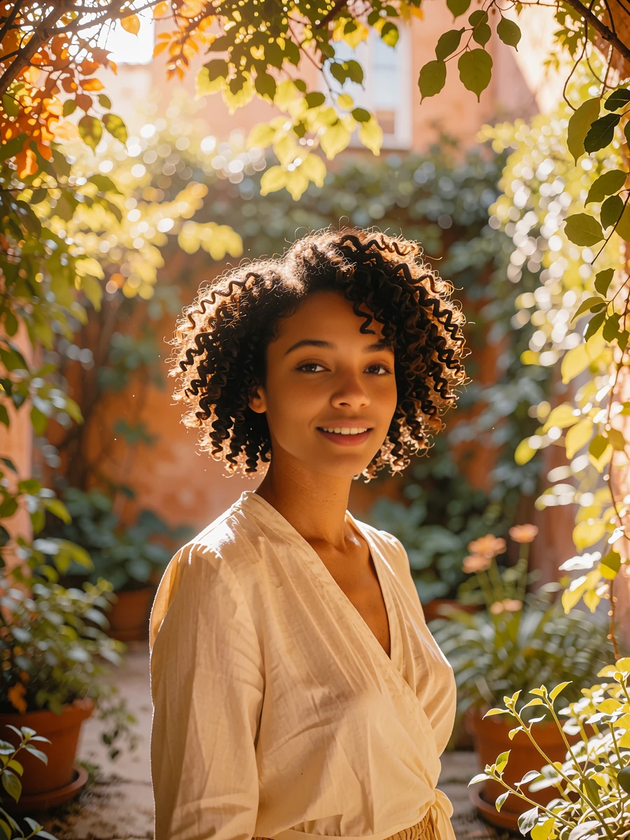 Woman with dark natural hair in a cream wrap blouse in a sunlit courtyard garden, demo Atlanta member profile photo