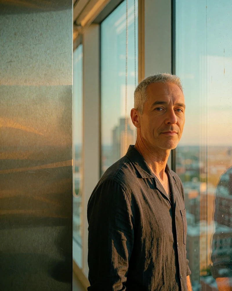 Man with close-cropped grey hair in a charcoal shirt beside a floor-to-ceiling window in a Boston office lounge, demo member profile photo