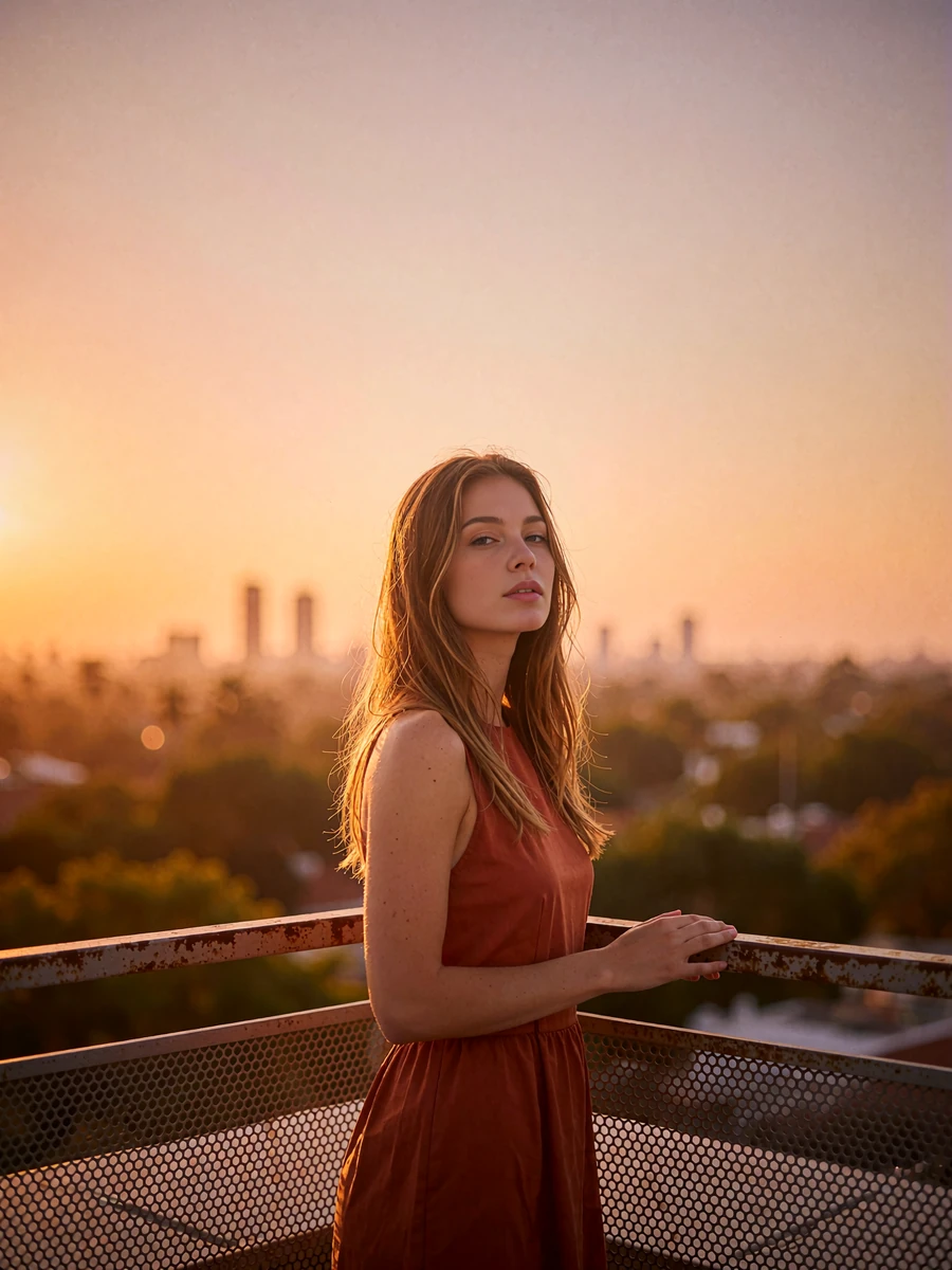 Woman with long caramel-brown hair in a burnt-orange dress on a rooftop lounge at sunset, demo Atlanta member profile photo