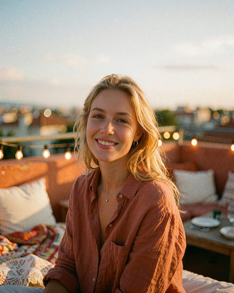 Blonde woman in a rust linen shirt on an open rooftop lounge at dusk, demo member profile photo