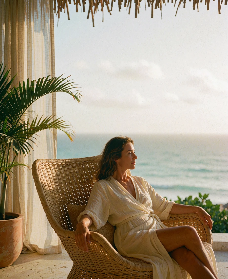 Poised woman in a cream wrap dress seated in a rattan lounge chair on an open-air veranda overlooking the ocean