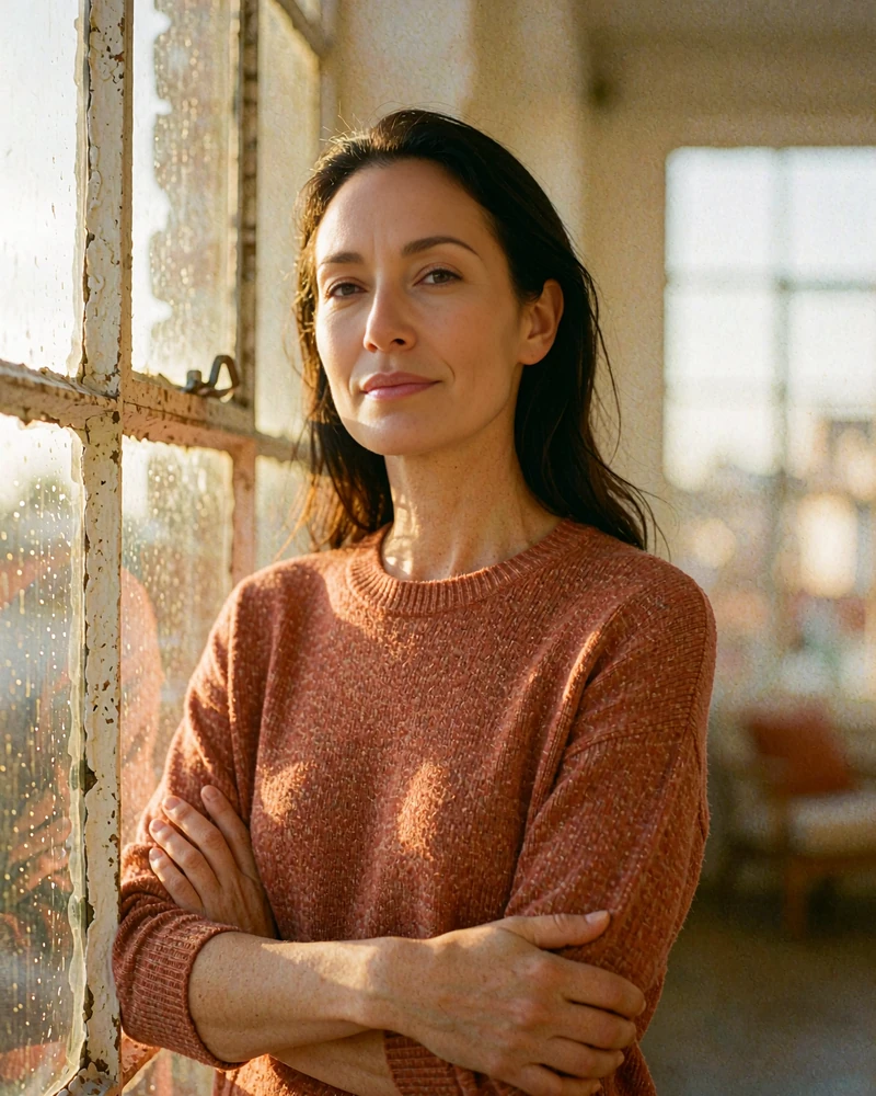 Woman in her late thirties in a rust knit top beside a loft window, demo cougar dating profile photo