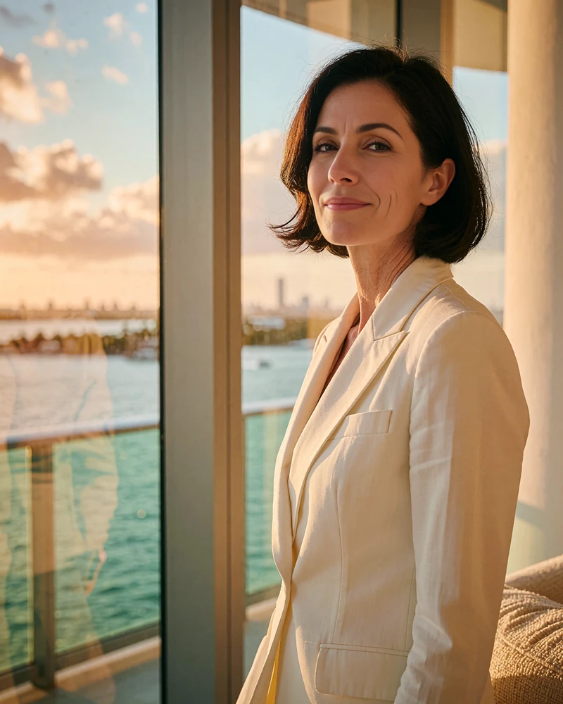 Poised woman with a dark bob in a tailored ivory blazer near a window in a modern Miami penthouse, demo Miami cougar profile photo